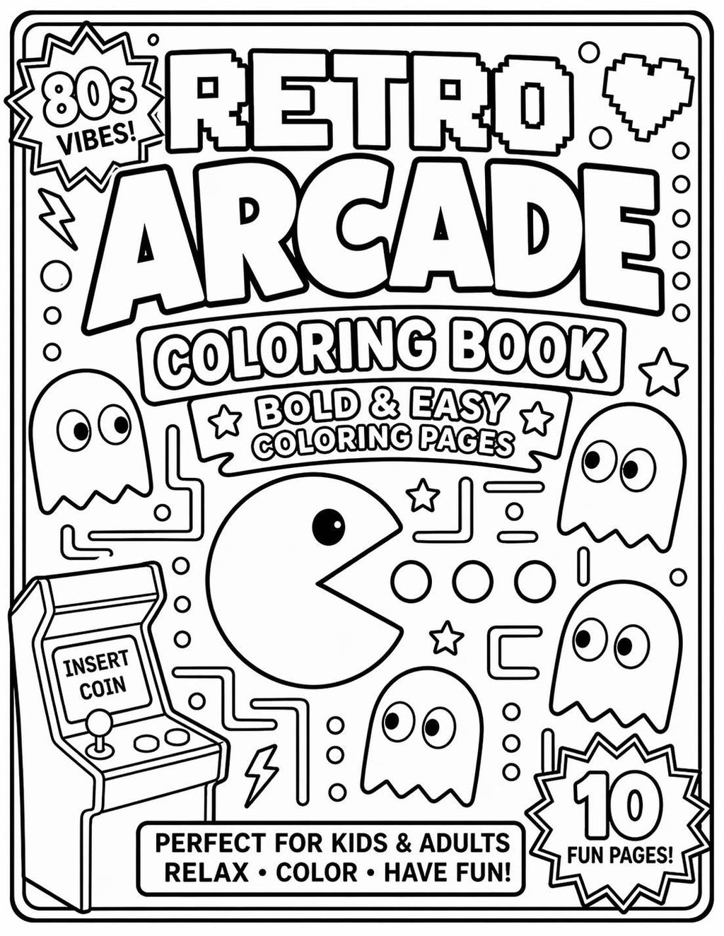 Retro Arcade Coloring Book | 80s Vibes, Bold Lines (Digital Download)