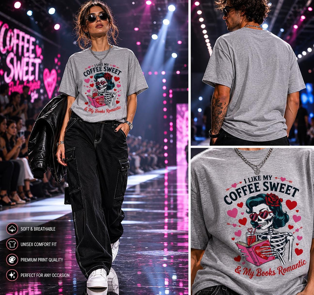 I Like My Coffee Sweet Romantic Skeleton T-Shirt, Book Lover Tee