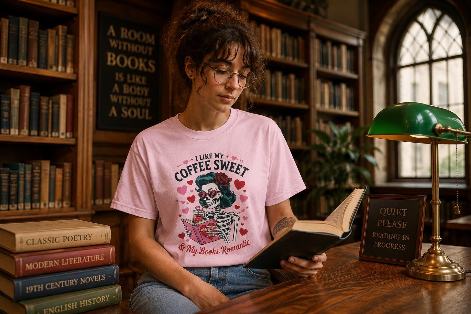 I Like My Coffee Sweet Romantic Skeleton T-Shirt, Book Lover Tee