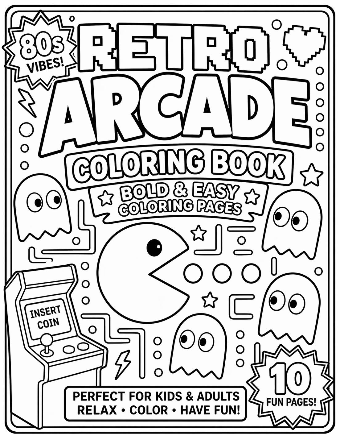 Retro Arcade Coloring Book | 80s Pac Style Pages (Digital Download)