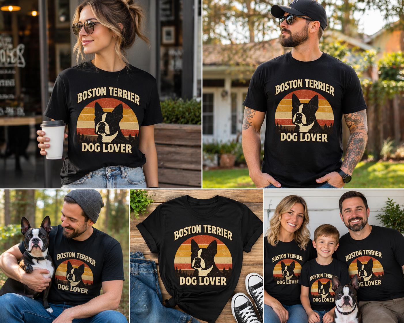 Retro Boston Terrier Dog Lover Shirt, Vintage Sunset Pet Owner Tee