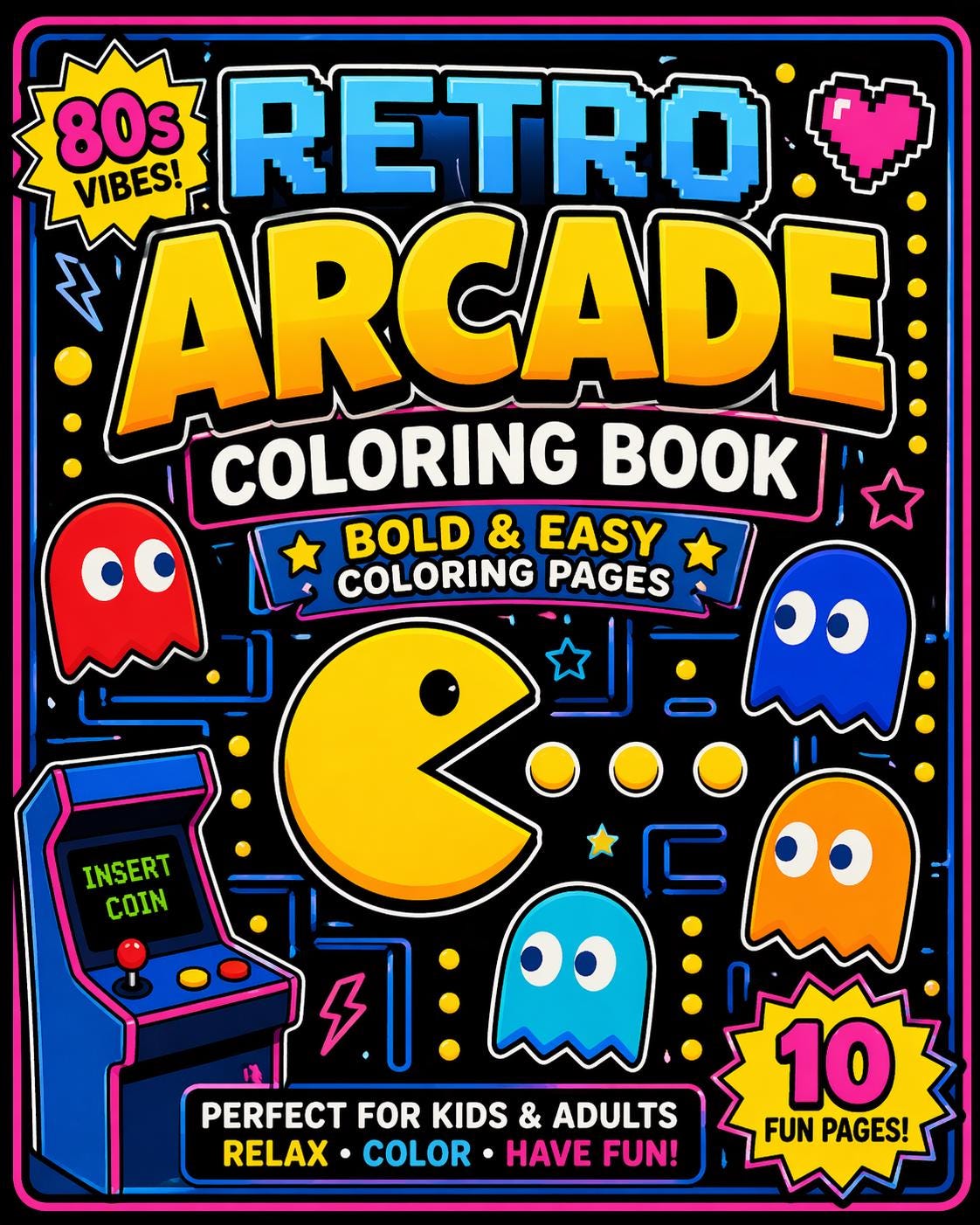 Retro Arcade Coloring Book | 80s Vibes, Bold Lines (Digital Download)