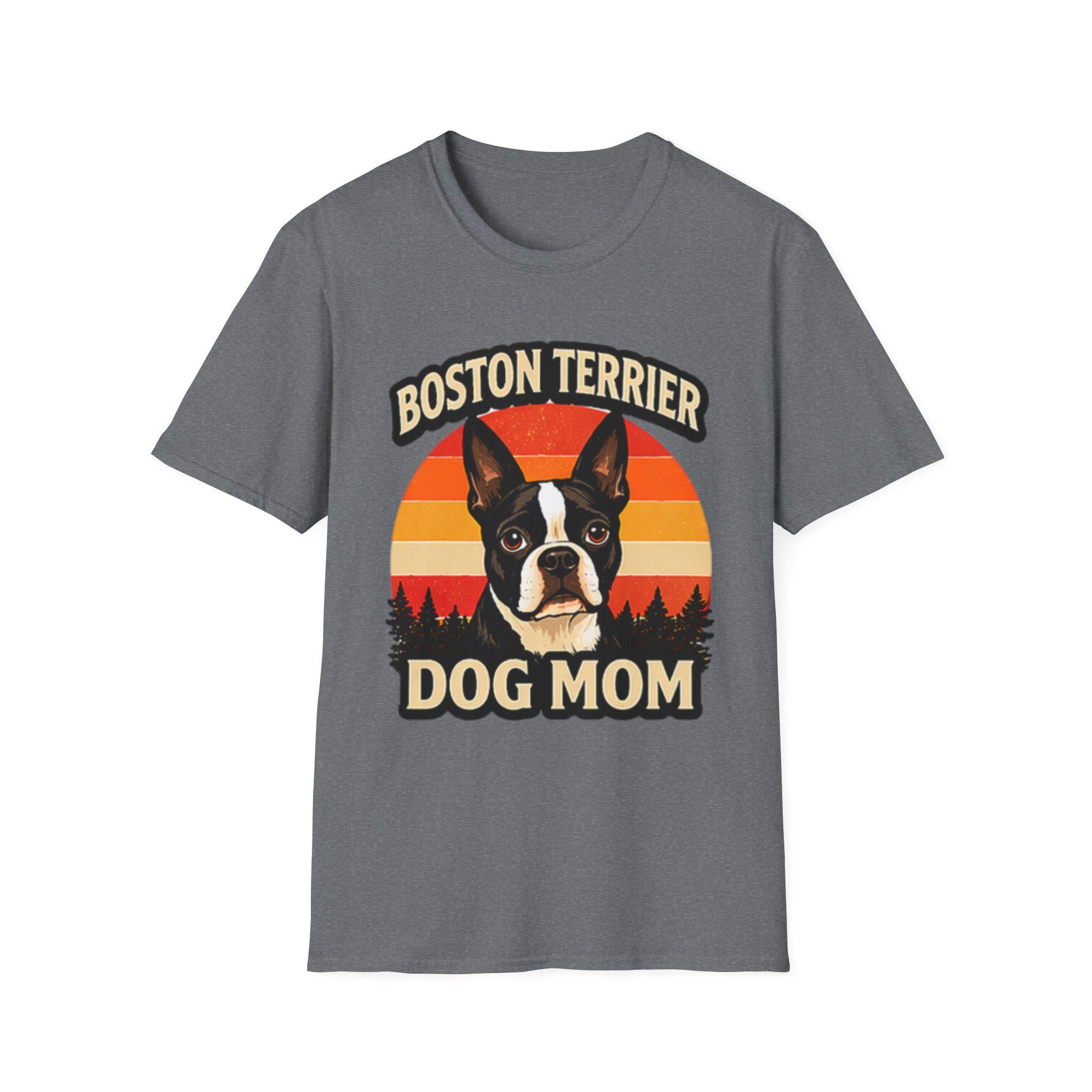 Retro Boston Terrier Dog Mom T-Shirt, Vintage Sunset Pet Lover Tee