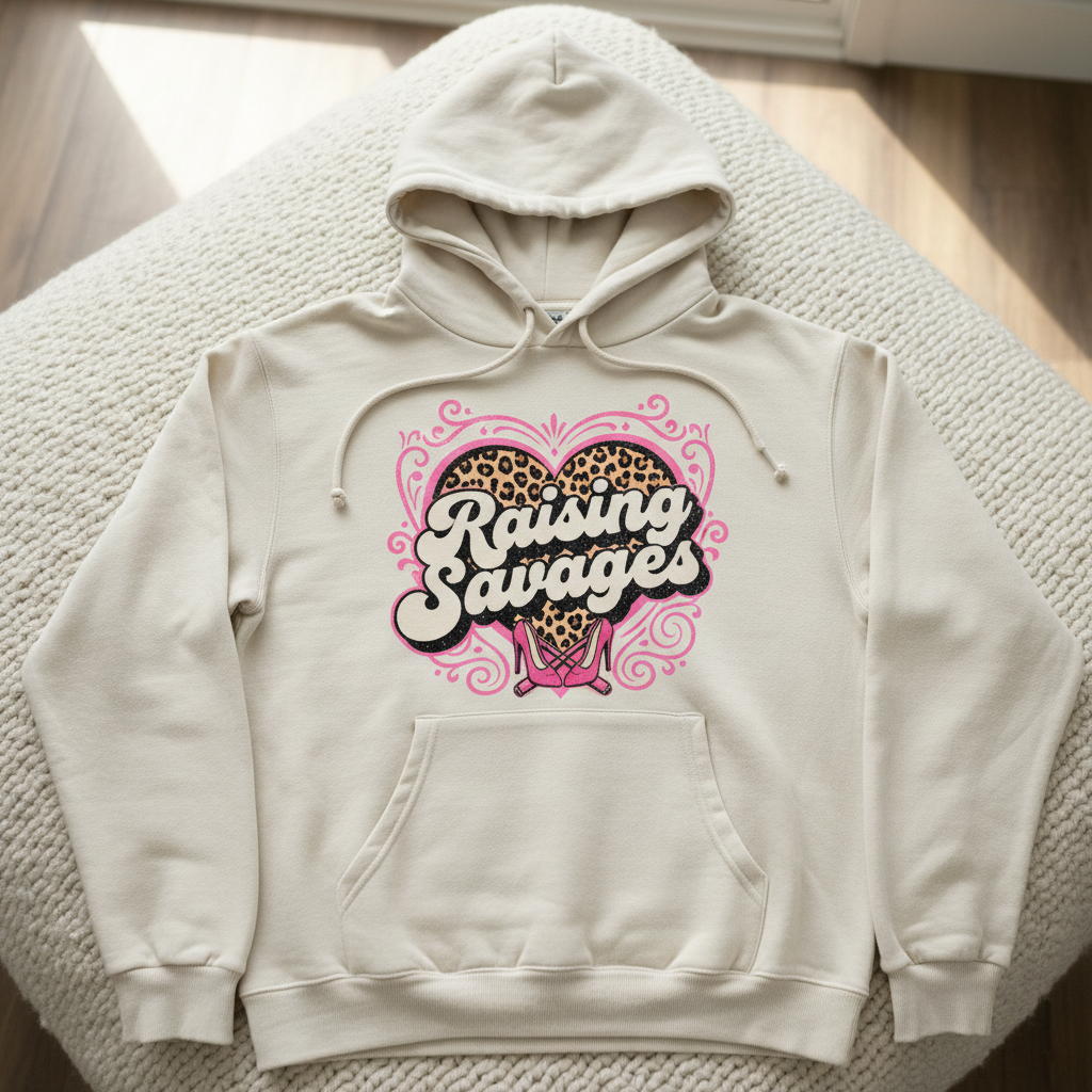 Raising Savages retro mom hoodie with leopard print heart graphic